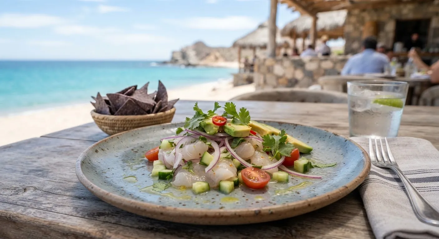 Fresh ceviche with red onion and cilantro on a handmade ceramic plate.