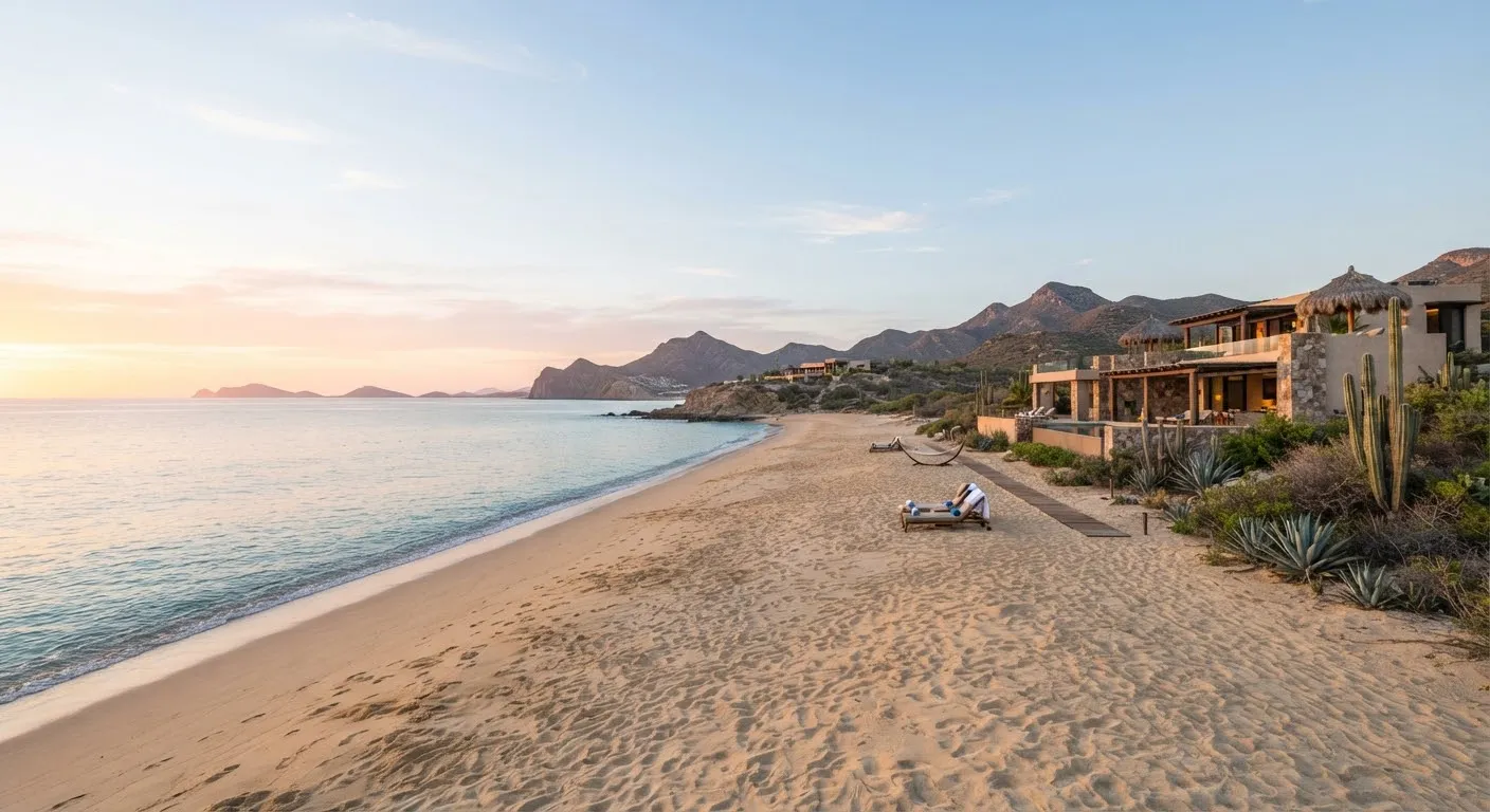 The beachfront at La Ventana at sunrise, with pale sand meeting clear turquoise water.