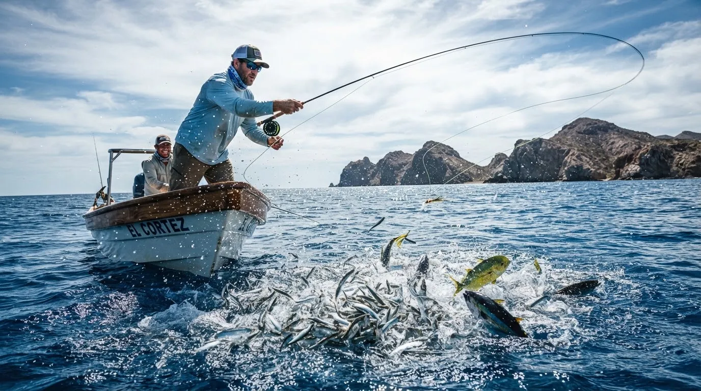 An angler casting a fly line into breaking fish on the open water.