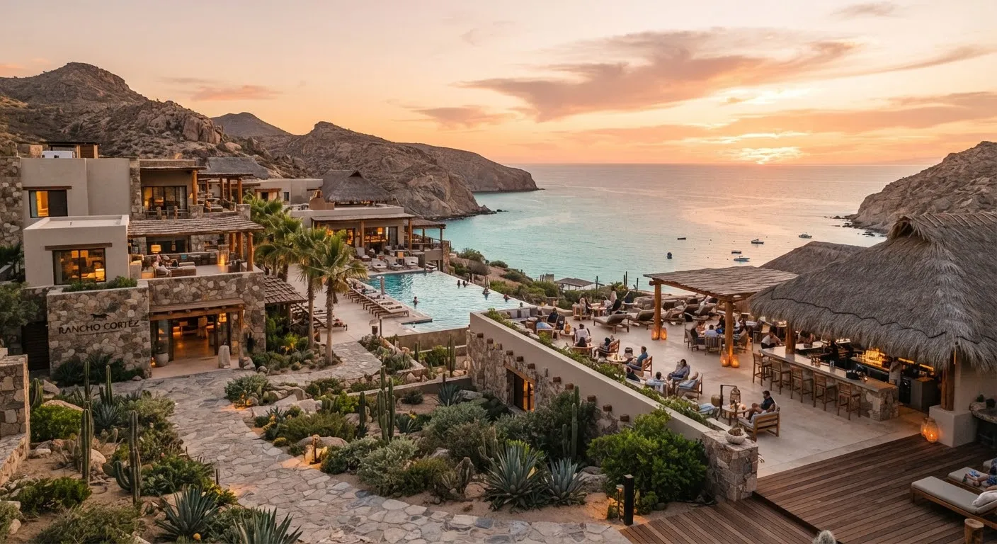 The lodge at sunset on the evening of arrival, looking west over the water.