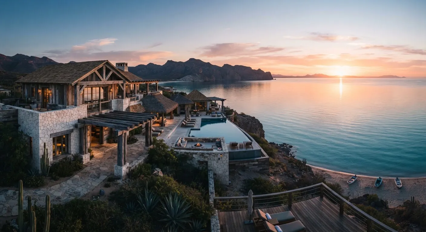 The Baja House deck at sunrise, looking out over the calm turquoise water of the Sea of Cortez.