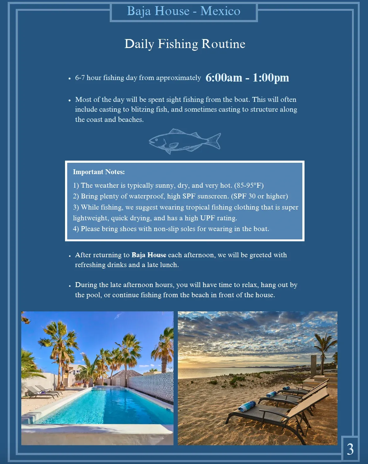 Page 3 of the Baja House pre-trip packet: Daily Fishing Routine